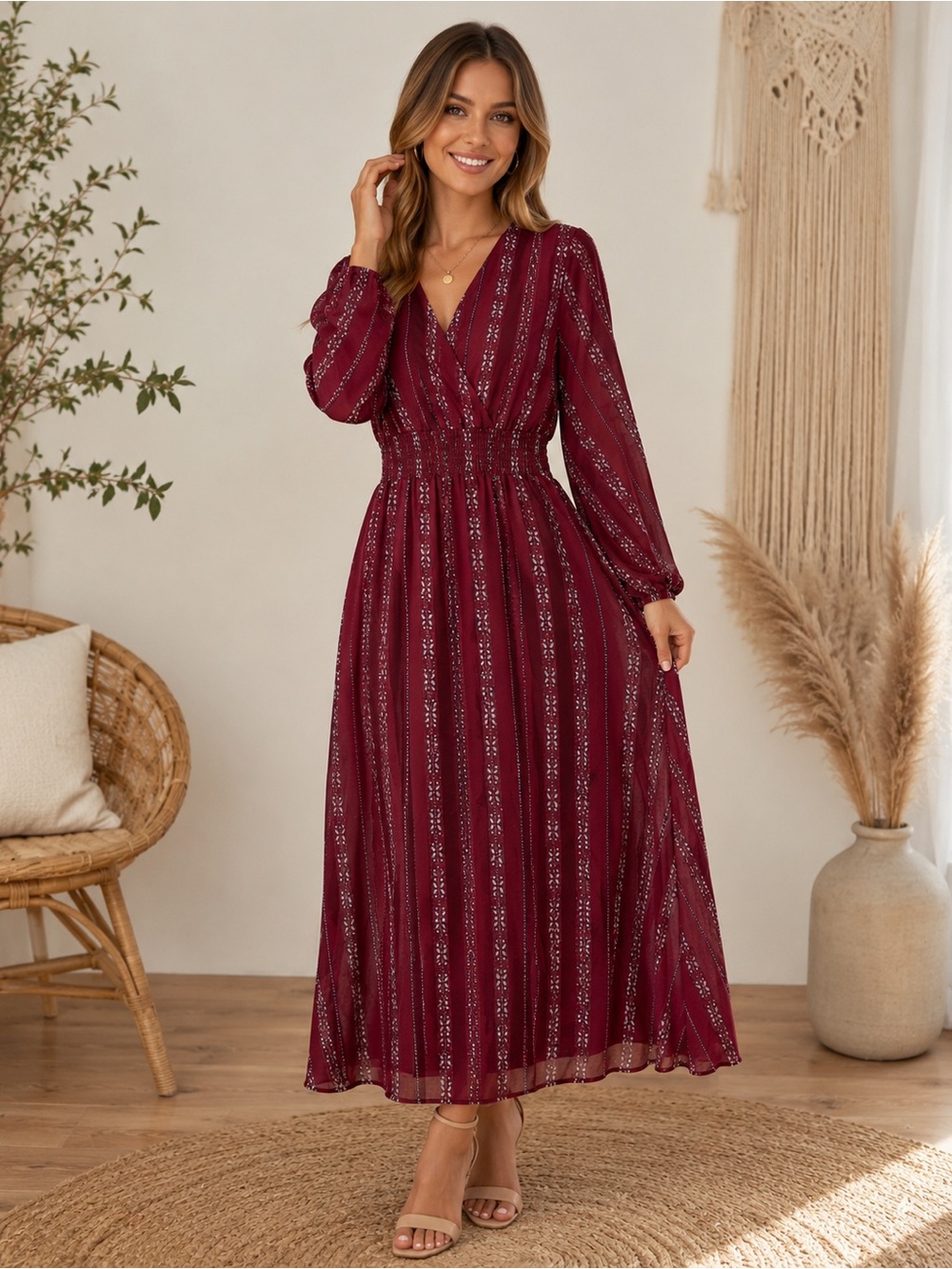 Hayden Burgundy Printed Wrap Maxi Dress